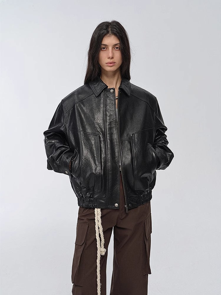 Imported waxed sheep leather retro work jacket coat for women "Fashionable Luke"-0