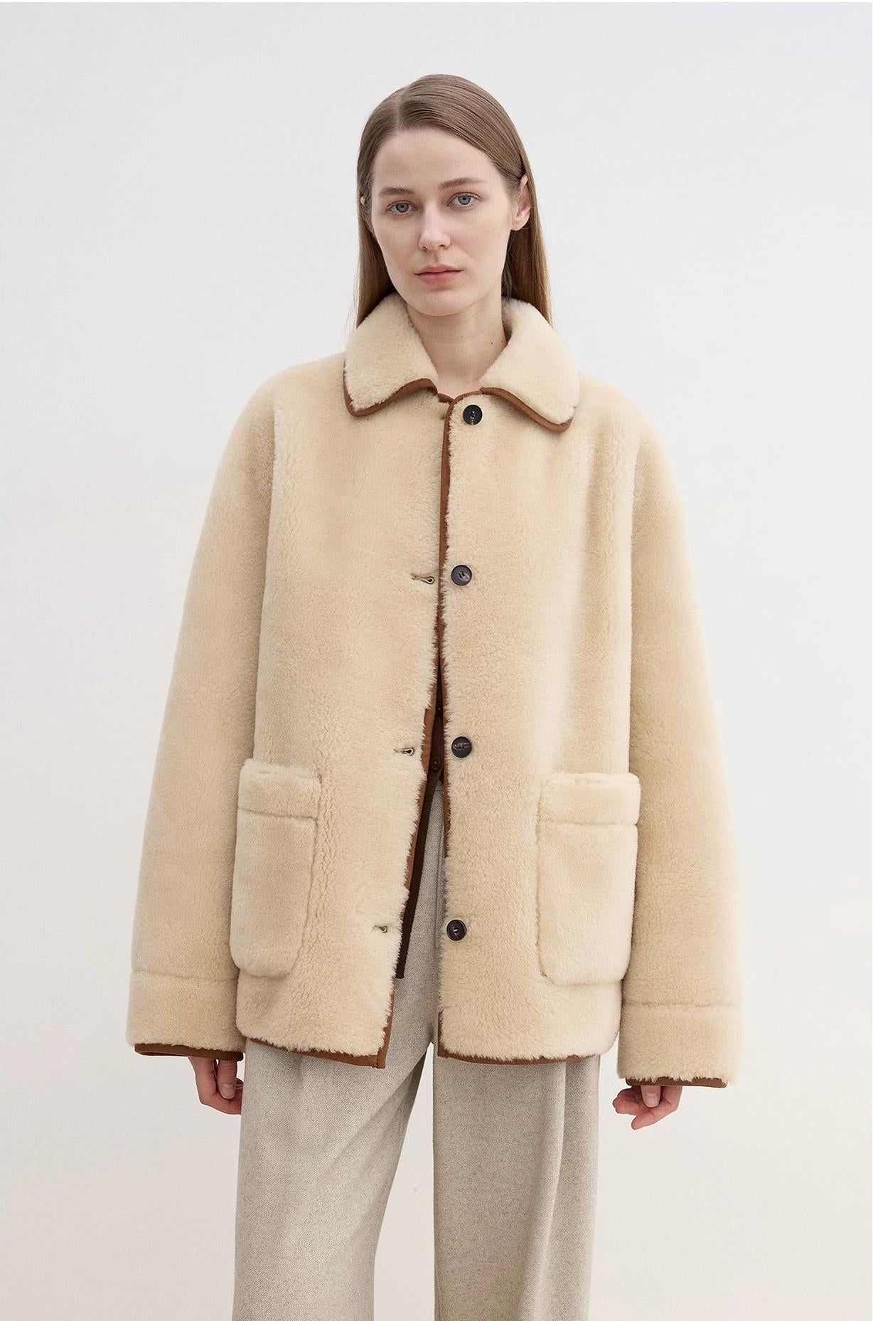 "Winter Concerto" Lapel Wool Artificial Compound Suede Vintage Contrast Colored Shearling Coat-0