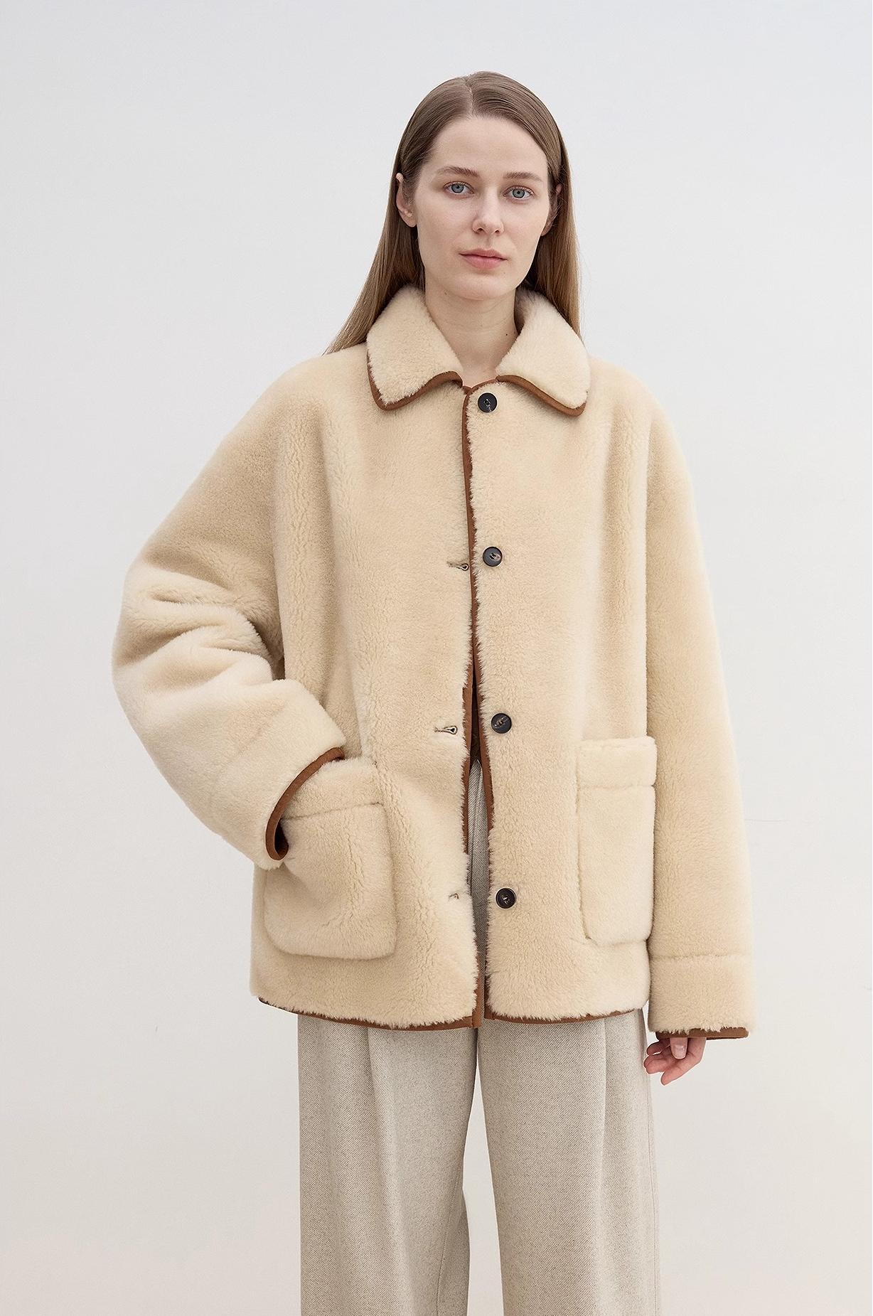 "Winter Concerto" Lapel Wool Artificial Compound Suede Vintage Contrast Colored Shearling Coat-1