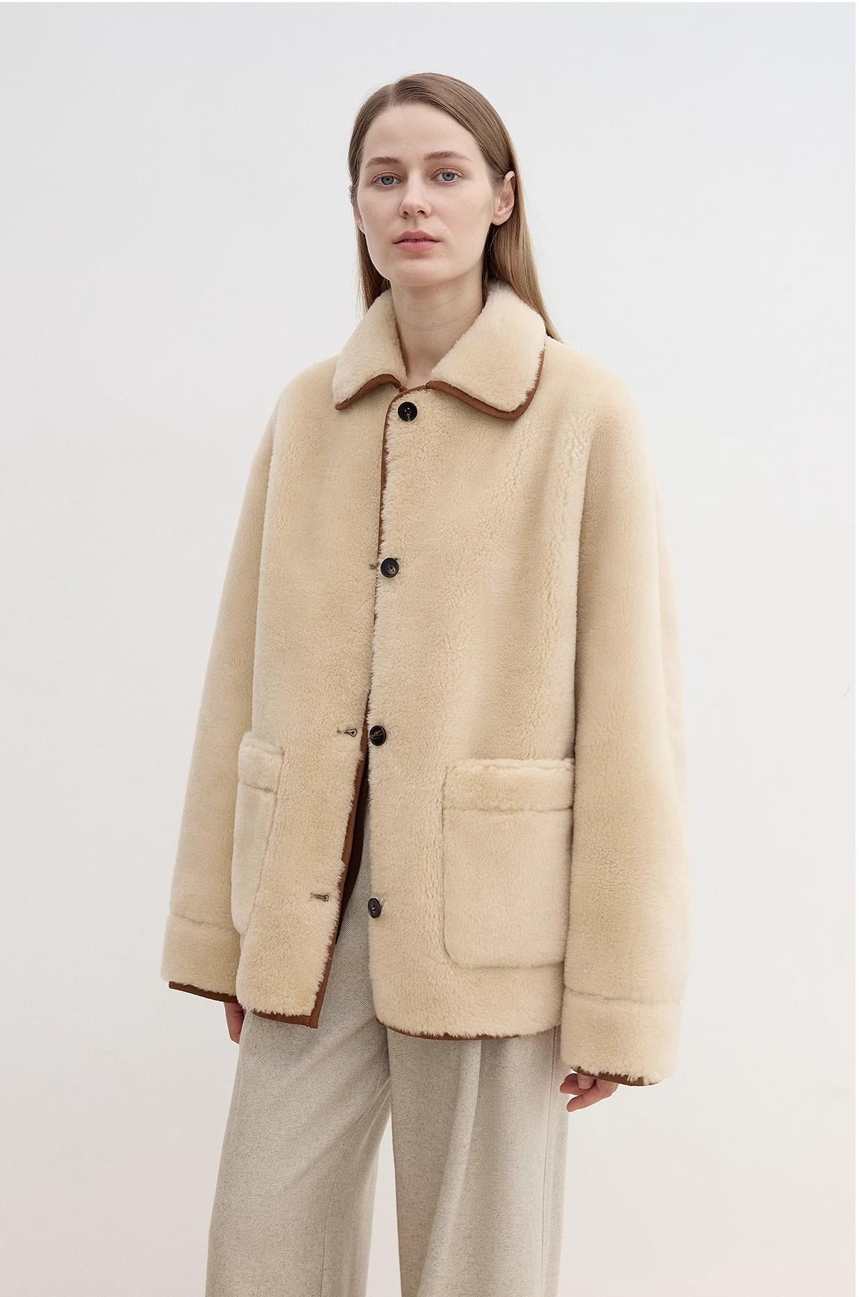 "Winter Concerto" Lapel Wool Artificial Compound Suede Vintage Contrast Colored Shearling Coat-2