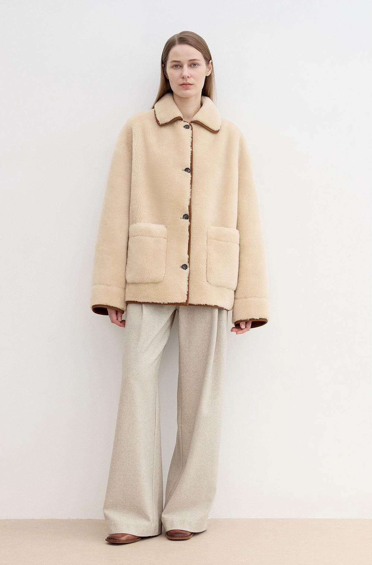 "Winter Concerto" Lapel Wool Artificial Compound Suede Vintage Contrast Colored Shearling Coat-3